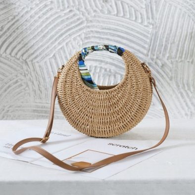 2024 new summer beach grass-weaving oblique cross-weave women's purse woven women's purse round bag all-purpose