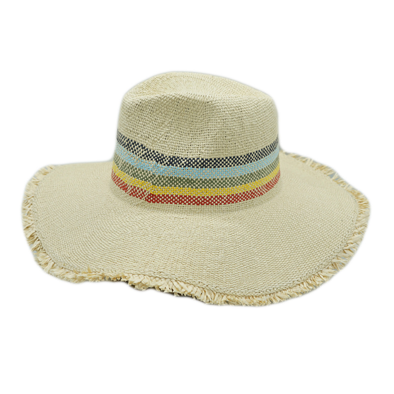 Japanese and Korean version of colored striped fur beard, beige large brimmed jazz top hat, women's summer sun shading and sun protection beach straw hat
