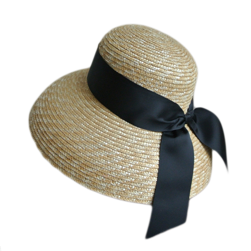 European and American retro Hepburn summer women's straw big brimmed bell shaped basin hat, top hat, sun shading vacation beach sun hat, straw hat